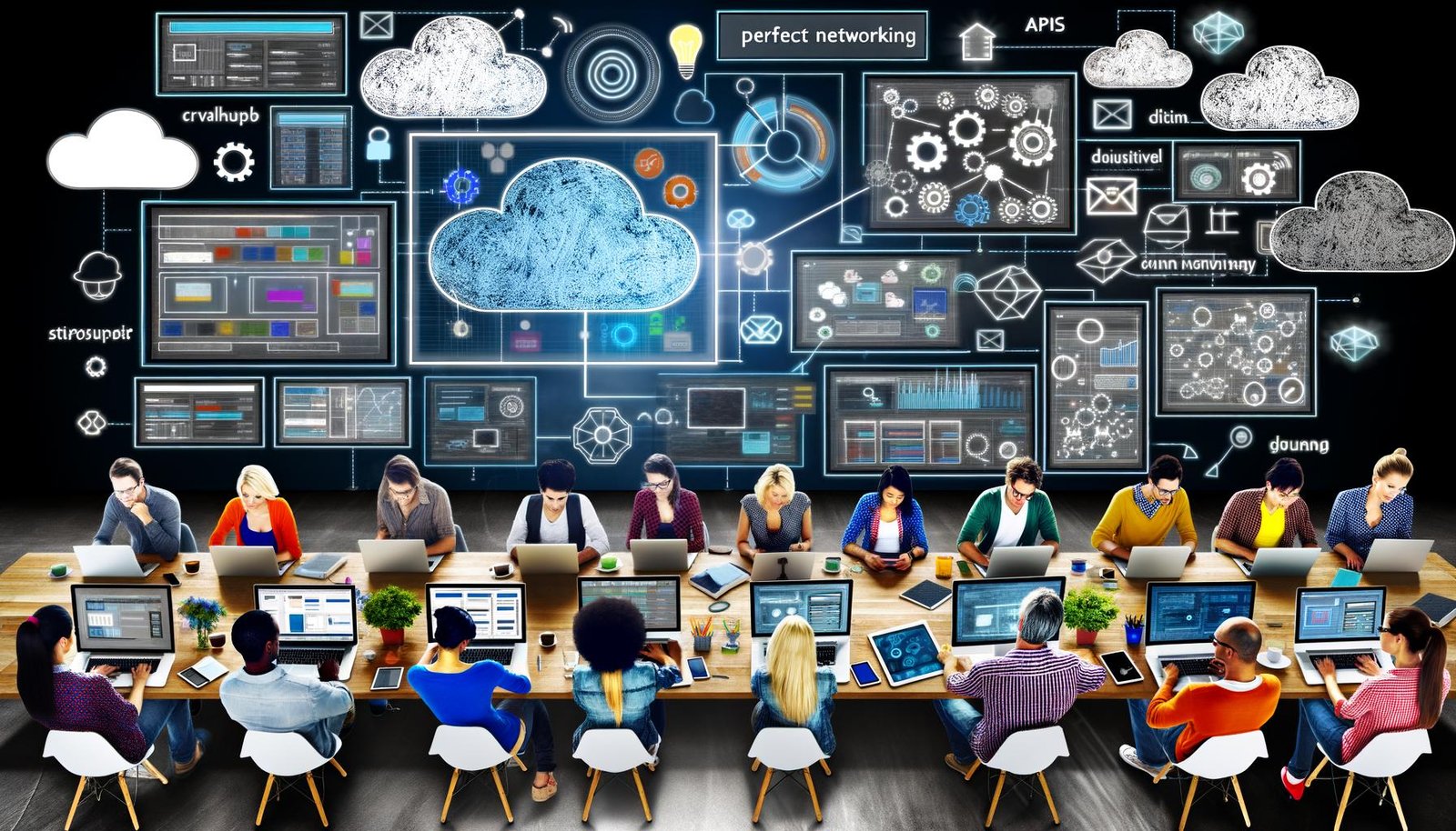 Diverse Kreativteams arbeiten in moderner, digital vernetzter Büroumgebung an Laptops und großen Touchscreens mit Dashboards und Content-Hub.