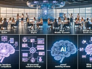 Collage moderner Marketing-Szenen mit KI-Interaktionen, Datenpipelines, automatisierten Kontrollzentren und symbolischen Darstellungen von Chancen und Risiken durch künstliche Intelligenz.