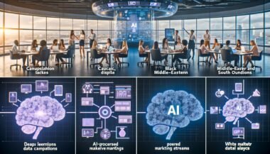 Collage moderner Marketing-Szenen mit KI-Interaktionen, Datenpipelines, automatisierten Kontrollzentren und symbolischen Darstellungen von Chancen und Risiken durch künstliche Intelligenz.