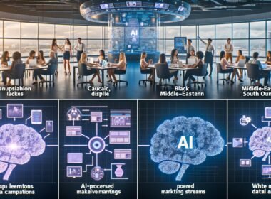 Collage moderner Marketing-Szenen mit KI-Interaktionen, Datenpipelines, automatisierten Kontrollzentren und symbolischen Darstellungen von Chancen und Risiken durch künstliche Intelligenz.