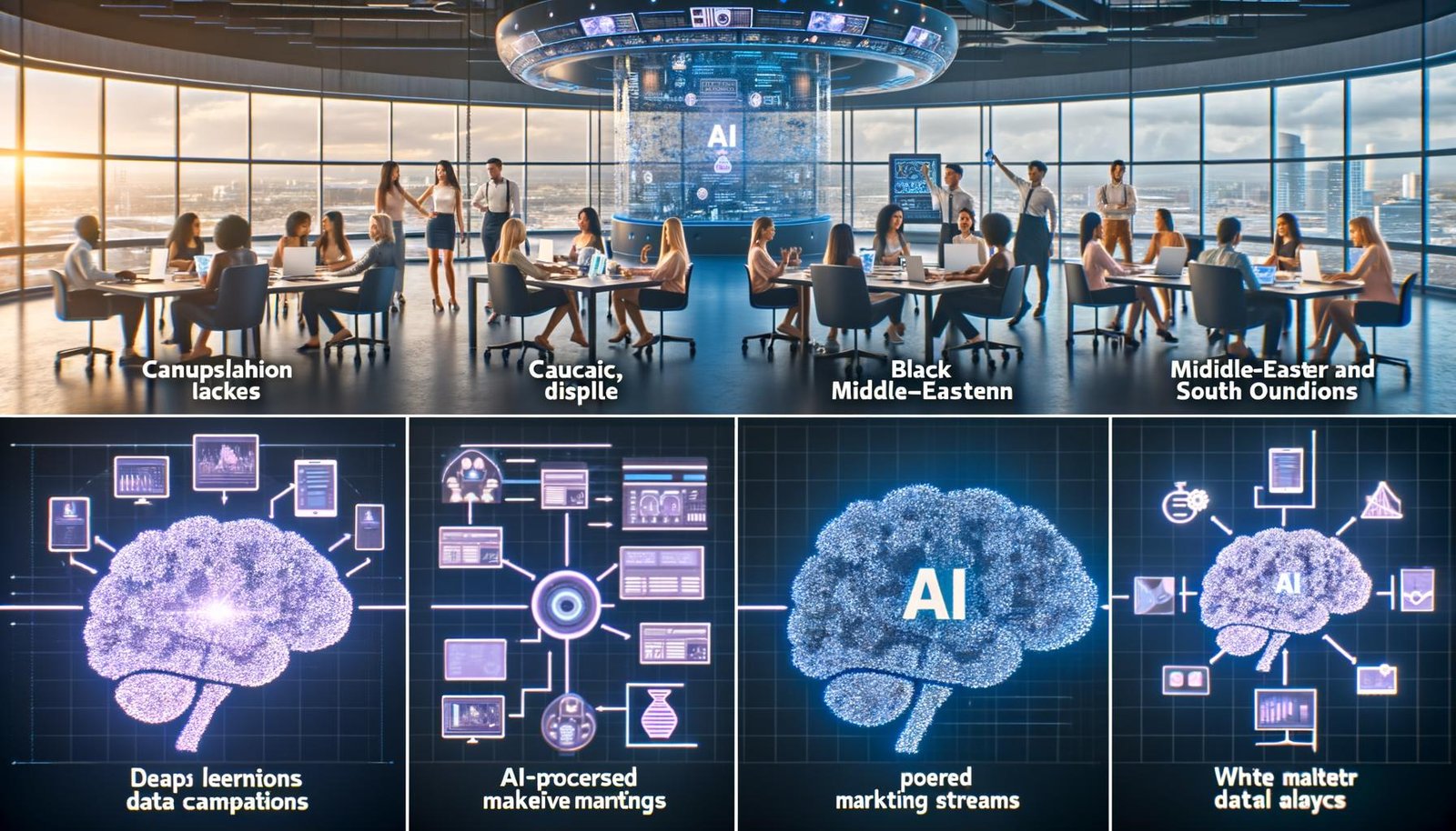 Collage moderner Marketing-Szenen mit KI-Interaktionen, Datenpipelines, automatisierten Kontrollzentren und symbolischen Darstellungen von Chancen und Risiken durch künstliche Intelligenz.