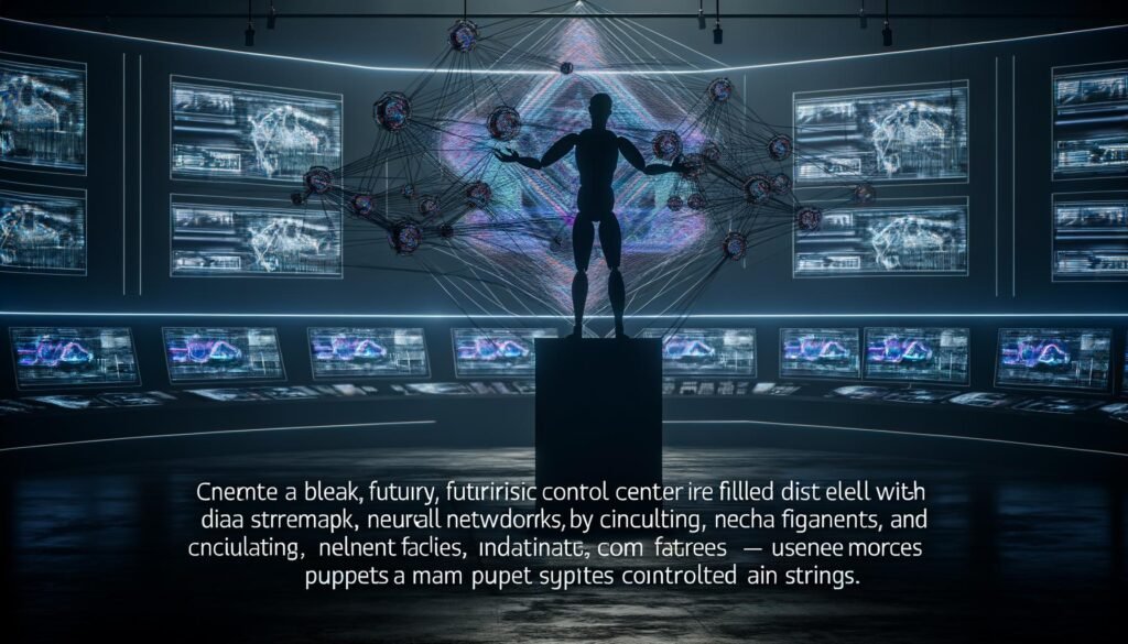 Futuristisches Kontrollzentrum mit Datenströmen und neuronalen Netzwerken auf Bildschirmen, vorne Silhouetten von Menschen als Marionetten und High-Tech-Atmosphäre.