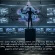 Futuristisches Kontrollzentrum mit Datenströmen und neuronalen Netzwerken auf Bildschirmen, vorne Silhouetten von Menschen als Marionetten und High-Tech-Atmosphäre.