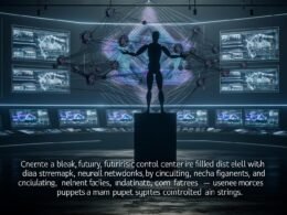 Futuristisches Kontrollzentrum mit Datenströmen und neuronalen Netzwerken auf Bildschirmen, vorne Silhouetten von Menschen als Marionetten und High-Tech-Atmosphäre.