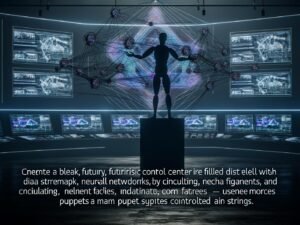Futuristisches Kontrollzentrum mit Datenströmen und neuronalen Netzwerken auf Bildschirmen, vorne Silhouetten von Menschen als Marionetten und High-Tech-Atmosphäre.