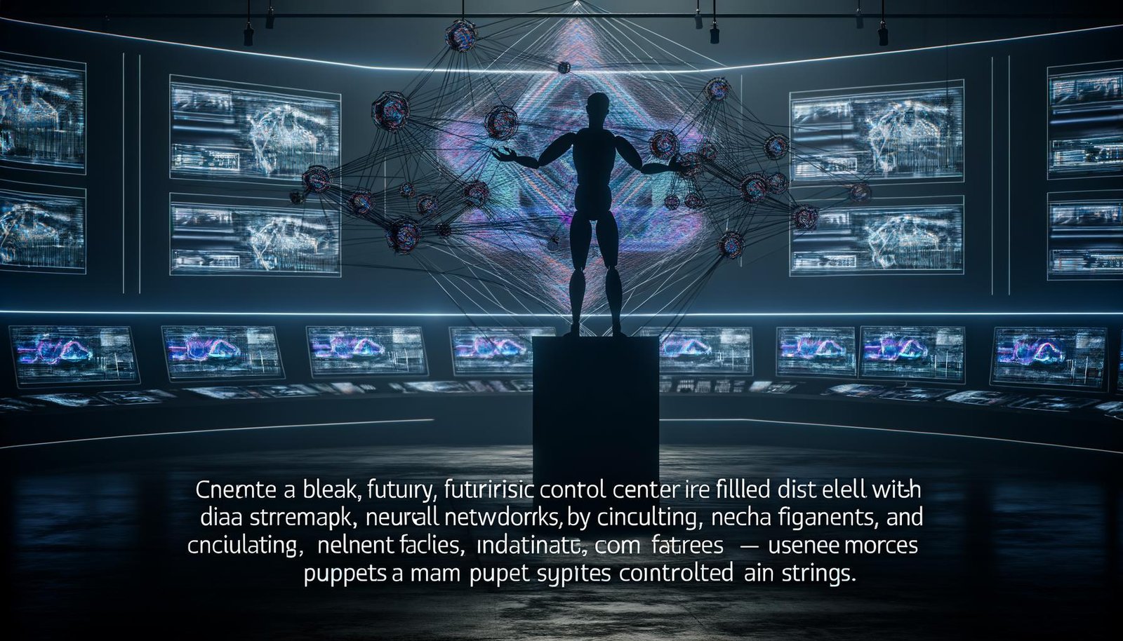 Futuristisches Kontrollzentrum mit Datenströmen und neuronalen Netzwerken auf Bildschirmen, vorne Silhouetten von Menschen als Marionetten und High-Tech-Atmosphäre.