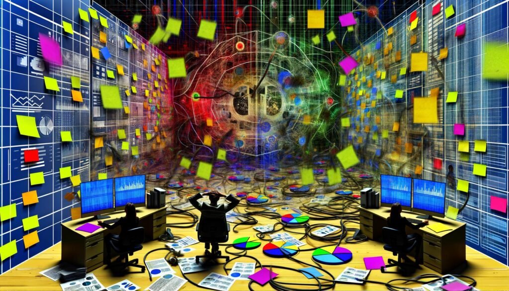 Gestresste Marketing-Mitarbeitende in einem chaotischen Büro voller Reports, Bildschirme mit Dashboards und verschlungenen Datenflüssen, Symbole von Marketingtools inklusive.