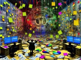 Gestresste Marketing-Mitarbeitende in einem chaotischen Büro voller Reports, Bildschirme mit Dashboards und verschlungenen Datenflüssen, Symbole von Marketingtools inklusive.