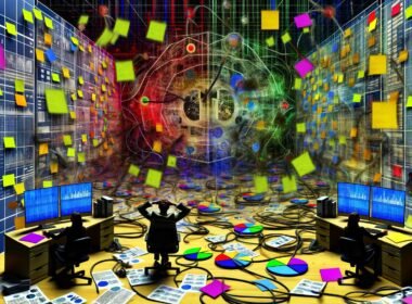 Gestresste Marketing-Mitarbeitende in einem chaotischen Büro voller Reports, Bildschirme mit Dashboards und verschlungenen Datenflüssen, Symbole von Marketingtools inklusive.