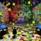 Gestresste Marketing-Mitarbeitende in einem chaotischen Büro voller Reports, Bildschirme mit Dashboards und verschlungenen Datenflüssen, Symbole von Marketingtools inklusive.