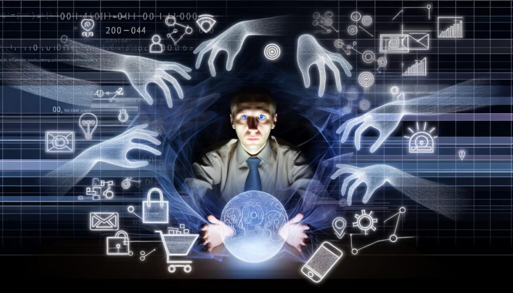 Surreales Bild einer Person am Schreibtisch, umgeben von algorithmischen Linien und Symbolen, mit übergroßen, digitalen Händen, die Alltagsobjekte manipulieren.