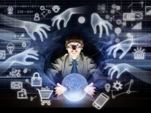 Surreales Bild einer Person am Schreibtisch, umgeben von algorithmischen Linien und Symbolen, mit übergroßen, digitalen Händen, die Alltagsobjekte manipulieren.