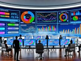 Modernes Digital-Marketing-Büro 2025 mit Curved-Monitoren, Echtzeit-Dashboards und vernetzten KPIs, Marketing-Entscheider im Vordergrund, gelüfteter Nebel im Hintergrund als Symbol für Datenklarheit.