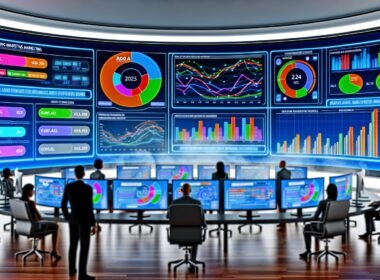 Modernes Digital-Marketing-Büro 2025 mit Curved-Monitoren, Echtzeit-Dashboards und vernetzten KPIs, Marketing-Entscheider im Vordergrund, gelüfteter Nebel im Hintergrund als Symbol für Datenklarheit.