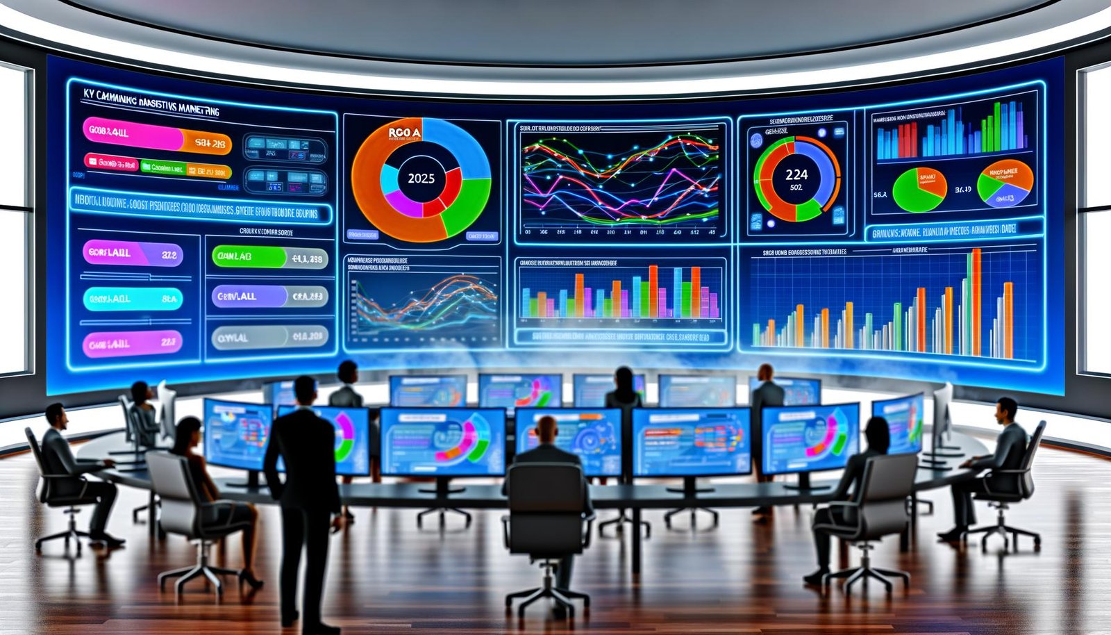 Modernes Digital-Marketing-Büro 2025 mit Curved-Monitoren, Echtzeit-Dashboards und vernetzten KPIs, Marketing-Entscheider im Vordergrund, gelüfteter Nebel im Hintergrund als Symbol für Datenklarheit.
