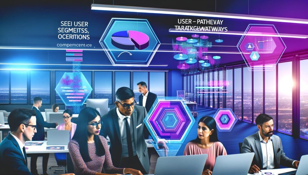Team aus diversen Marketern analysiert in einem hochmodernen, data-getriebenen Büro bunte Datenvisualisierungen, Nutzersegmente und Conversion-Funnels auf interaktiven Screens und Hologramm-Projektionen.