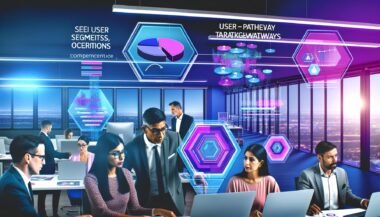 Team aus diversen Marketern analysiert in einem hochmodernen, data-getriebenen Büro bunte Datenvisualisierungen, Nutzersegmente und Conversion-Funnels auf interaktiven Screens und Hologramm-Projektionen.