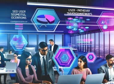 Team aus diversen Marketern analysiert in einem hochmodernen, data-getriebenen Büro bunte Datenvisualisierungen, Nutzersegmente und Conversion-Funnels auf interaktiven Screens und Hologramm-Projektionen.