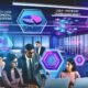 Team aus diversen Marketern analysiert in einem hochmodernen, data-getriebenen Büro bunte Datenvisualisierungen, Nutzersegmente und Conversion-Funnels auf interaktiven Screens und Hologramm-Projektionen.