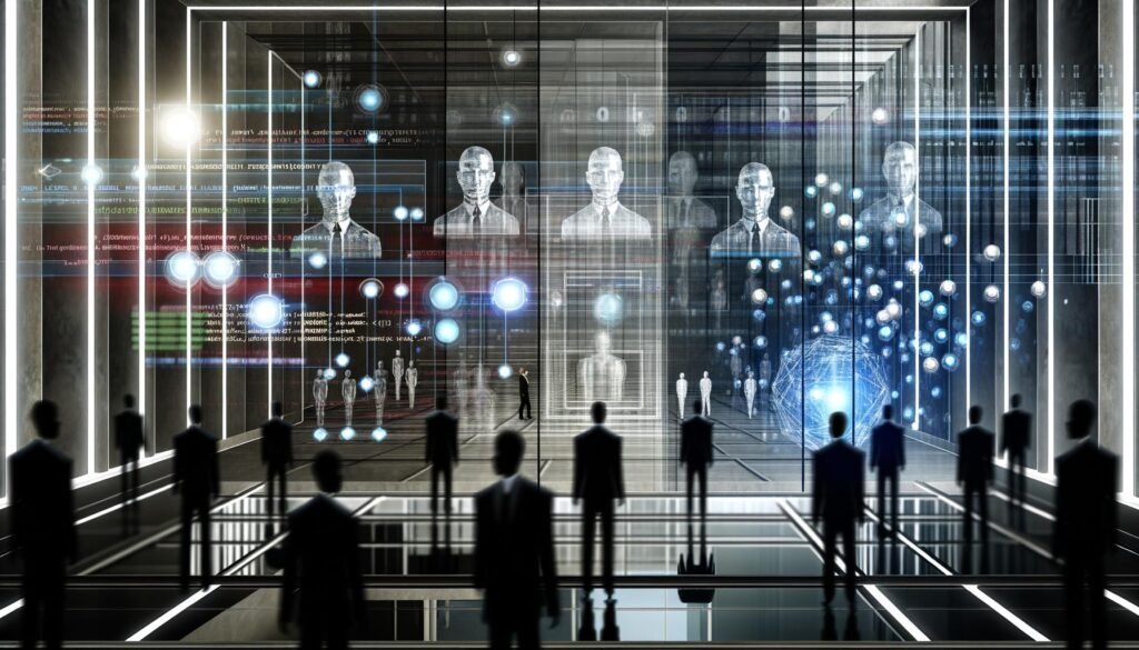 Stilisiertes Kontrollzentrum mit transparenten Bildschirmen voller Daten und Algorithmen, Menschen im Schatten mit digitalen Überlagerungen und Blackbox-Silhouetten im Hintergrund.