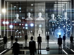 Stilisiertes Kontrollzentrum mit transparenten Bildschirmen voller Daten und Algorithmen, Menschen im Schatten mit digitalen Überlagerungen und Blackbox-Silhouetten im Hintergrund.