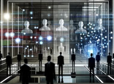 Stilisiertes Kontrollzentrum mit transparenten Bildschirmen voller Daten und Algorithmen, Menschen im Schatten mit digitalen Überlagerungen und Blackbox-Silhouetten im Hintergrund.