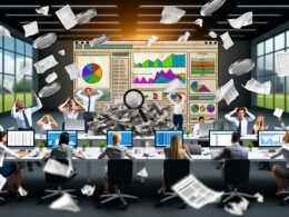 Frustrierte SEO-Expertin an einem unordentlichen Schreibtisch voller Excel-Ausdrucke, Notizzettel und Kaffeetassen, vor widersprüchlichen SEO-Dashboards und einem modernen, schwebenden Tool mit klaren Auswertungen.