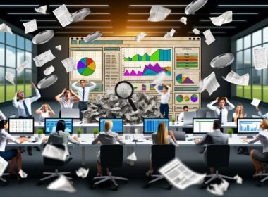 Frustrierte SEO-Expertin an einem unordentlichen Schreibtisch voller Excel-Ausdrucke, Notizzettel und Kaffeetassen, vor widersprüchlichen SEO-Dashboards und einem modernen, schwebenden Tool mit klaren Auswertungen.