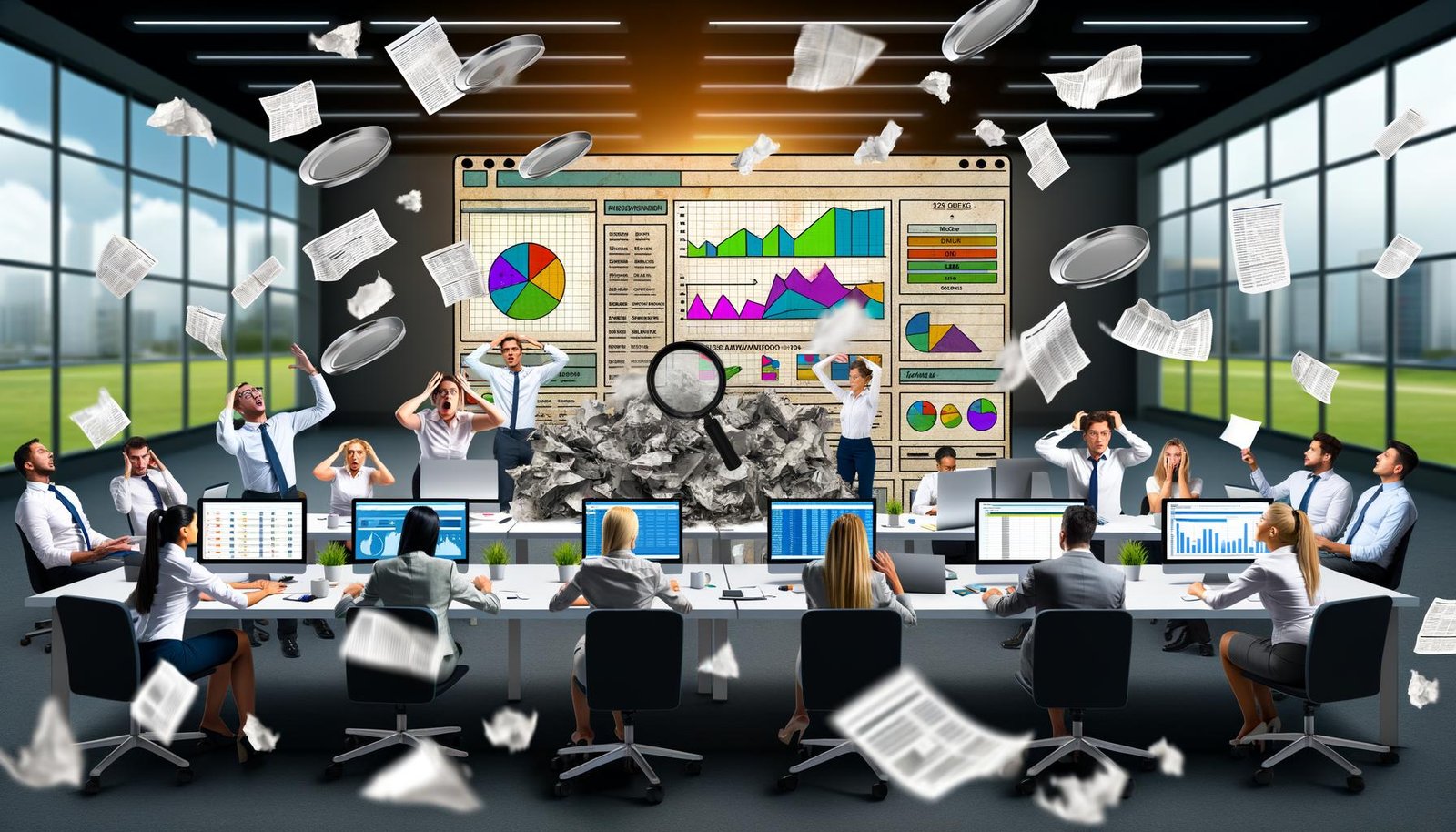 Frustrierte SEO-Expertin an einem unordentlichen Schreibtisch voller Excel-Ausdrucke, Notizzettel und Kaffeetassen, vor widersprüchlichen SEO-Dashboards und einem modernen, schwebenden Tool mit klaren Auswertungen.
