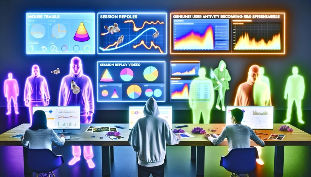 Futuristisch gestalteter Kontrollraum mit großen digitalen Displays, die Heatmaps, Sitzungs-Wiederholungen und Webanalysen zeigen, während Marketer Echtzeitdaten und Nutzerinteraktionen analysieren.