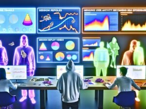 Futuristisch gestalteter Kontrollraum mit großen digitalen Displays, die Heatmaps, Sitzungs-Wiederholungen und Webanalysen zeigen, während Marketer Echtzeitdaten und Nutzerinteraktionen analysieren.