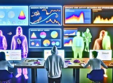 Futuristisch gestalteter Kontrollraum mit großen digitalen Displays, die Heatmaps, Sitzungs-Wiederholungen und Webanalysen zeigen, während Marketer Echtzeitdaten und Nutzerinteraktionen analysieren.