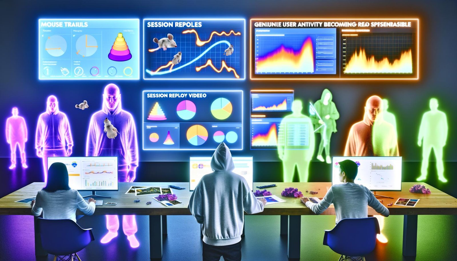 Futuristisch gestalteter Kontrollraum mit großen digitalen Displays, die Heatmaps, Sitzungs-Wiederholungen und Webanalysen zeigen, während Marketer Echtzeitdaten und Nutzerinteraktionen analysieren.