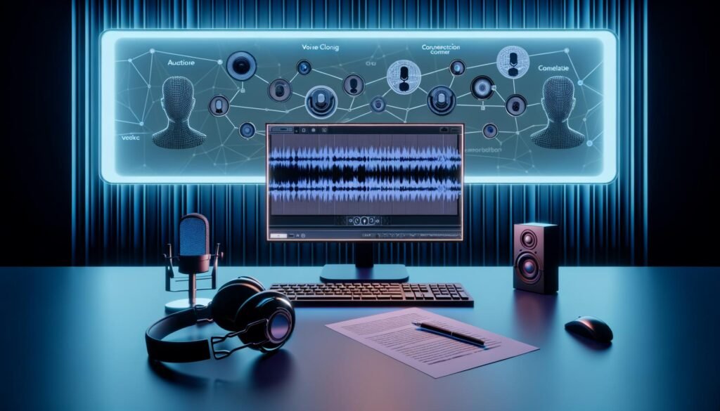 Modernes Tonstudio in kühlem Licht mit großem Display, das den Voice Cloning Workflow von Amazon Music sowie Soundwellen, KI-Symbole und Studioausrüstung wie Kopfhörer und Mikrofon zeigt.