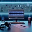 Modernes Tonstudio in kühlem Licht mit großem Display, das den Voice Cloning Workflow von Amazon Music sowie Soundwellen, KI-Symbole und Studioausrüstung wie Kopfhörer und Mikrofon zeigt.
