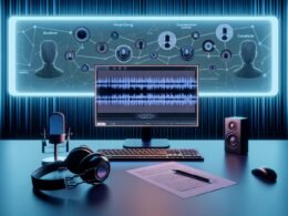 Modernes Tonstudio in kühlem Licht mit großem Display, das den Voice Cloning Workflow von Amazon Music sowie Soundwellen, KI-Symbole und Studioausrüstung wie Kopfhörer und Mikrofon zeigt.