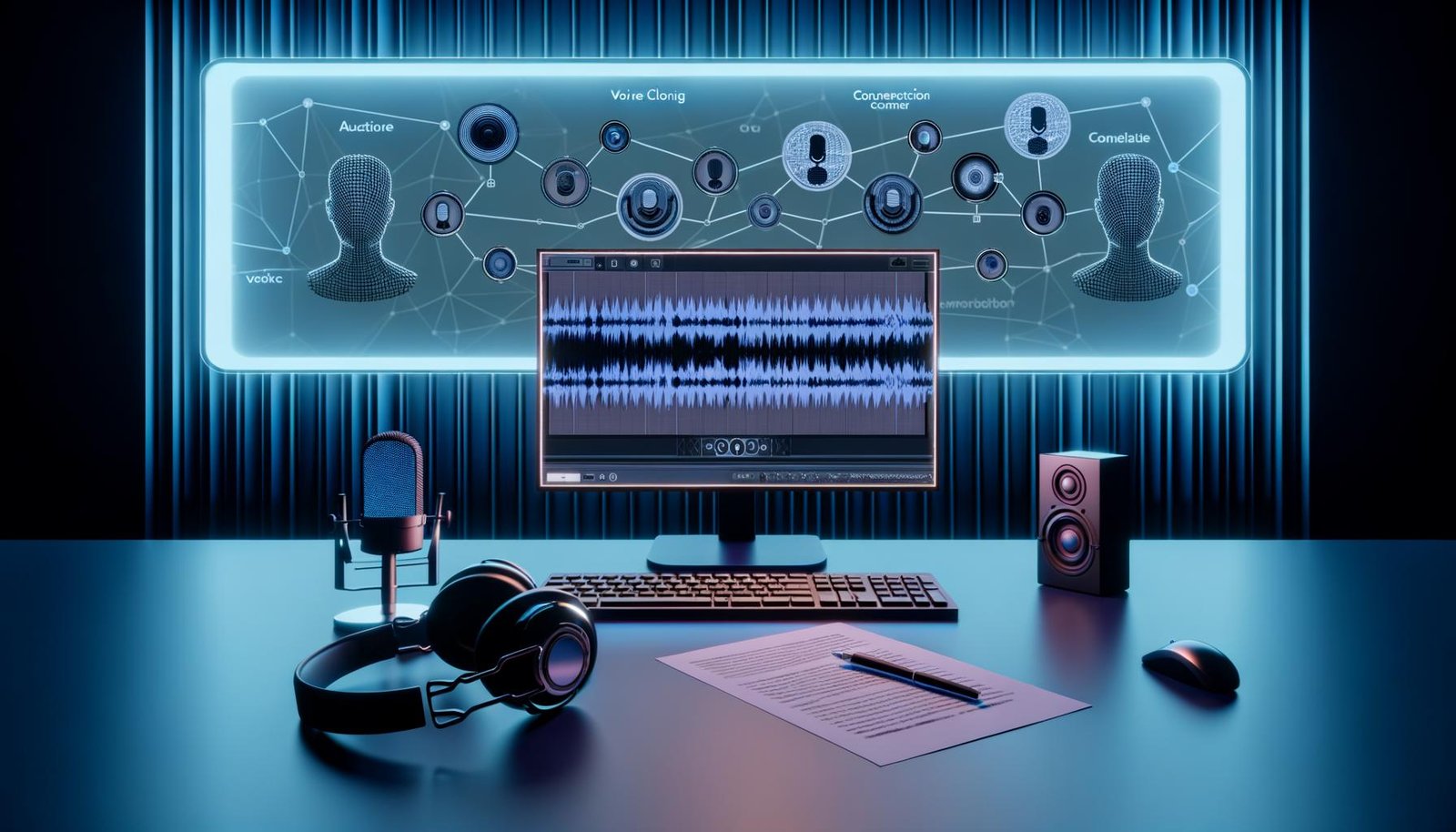 Modernes Tonstudio in kühlem Licht mit großem Display, das den Voice Cloning Workflow von Amazon Music sowie Soundwellen, KI-Symbole und Studioausrüstung wie Kopfhörer und Mikrofon zeigt.