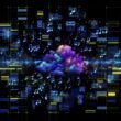 Illustration eines hochmodernen KI-Musikmaschinenraums mit Cloud-Servern, holographischen Noten, Soundwellen und dem Amazon Music Logo in leuchtenden Blau- und Violetttönen.
