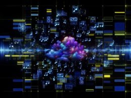 Illustration eines hochmodernen KI-Musikmaschinenraums mit Cloud-Servern, holographischen Noten, Soundwellen und dem Amazon Music Logo in leuchtenden Blau- und Violetttönen.