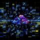 Illustration eines hochmodernen KI-Musikmaschinenraums mit Cloud-Servern, holographischen Noten, Soundwellen und dem Amazon Music Logo in leuchtenden Blau- und Violetttönen.