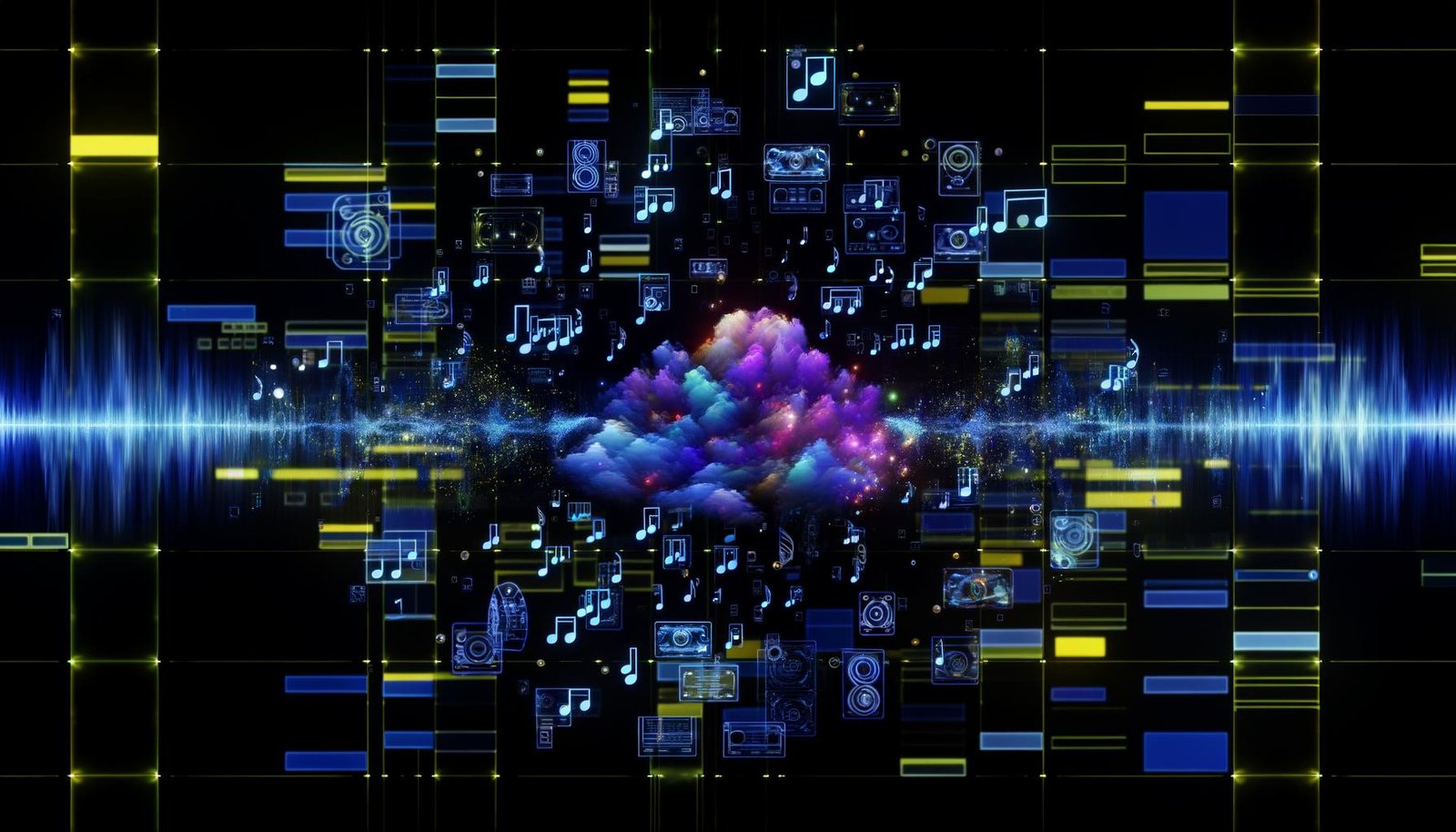 Illustration eines hochmodernen KI-Musikmaschinenraums mit Cloud-Servern, holographischen Noten, Soundwellen und dem Amazon Music Logo in leuchtenden Blau- und Violetttönen.