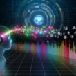 Bunte Klangwellen entfalten sich aus dem Amazon Music Logo, digitale Soundspuren und ein Hörer mit KI-, Kontext- und Targeting-Symbolen, im Hintergrund leuchtende Datenströme, Playlists und Musik-Genres.