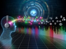 Bunte Klangwellen entfalten sich aus dem Amazon Music Logo, digitale Soundspuren und ein Hörer mit KI-, Kontext- und Targeting-Symbolen, im Hintergrund leuchtende Datenströme, Playlists und Musik-Genres.