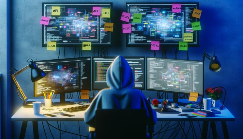 Androgyn wirkender Creator mit Hoodie analysiert Software an einem modernen Schreibtisch voller Technik, mehreren Monitoren, Notizen und Kabelsalat.
