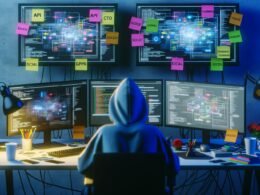 Androgyn wirkender Creator mit Hoodie analysiert Software an einem modernen Schreibtisch voller Technik, mehreren Monitoren, Notizen und Kabelsalat.