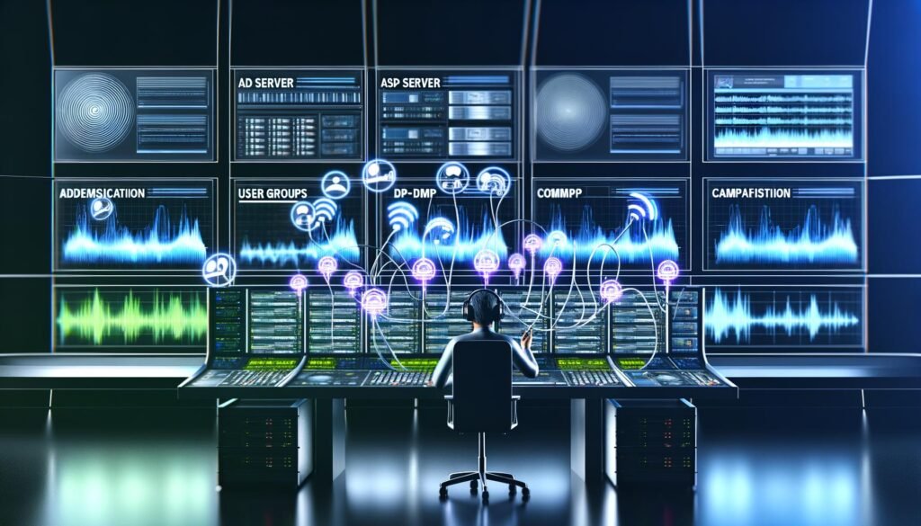 Person mit Headset in digitalem Kontrollraum, überwacht Audio-Wellenformen, Werbekampagnen-Dashboards und holografische Ad-Tech-Icons vor Amazon Music-Logo.