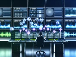 Person mit Headset in digitalem Kontrollraum, überwacht Audio-Wellenformen, Werbekampagnen-Dashboards und holografische Ad-Tech-Icons vor Amazon Music-Logo.