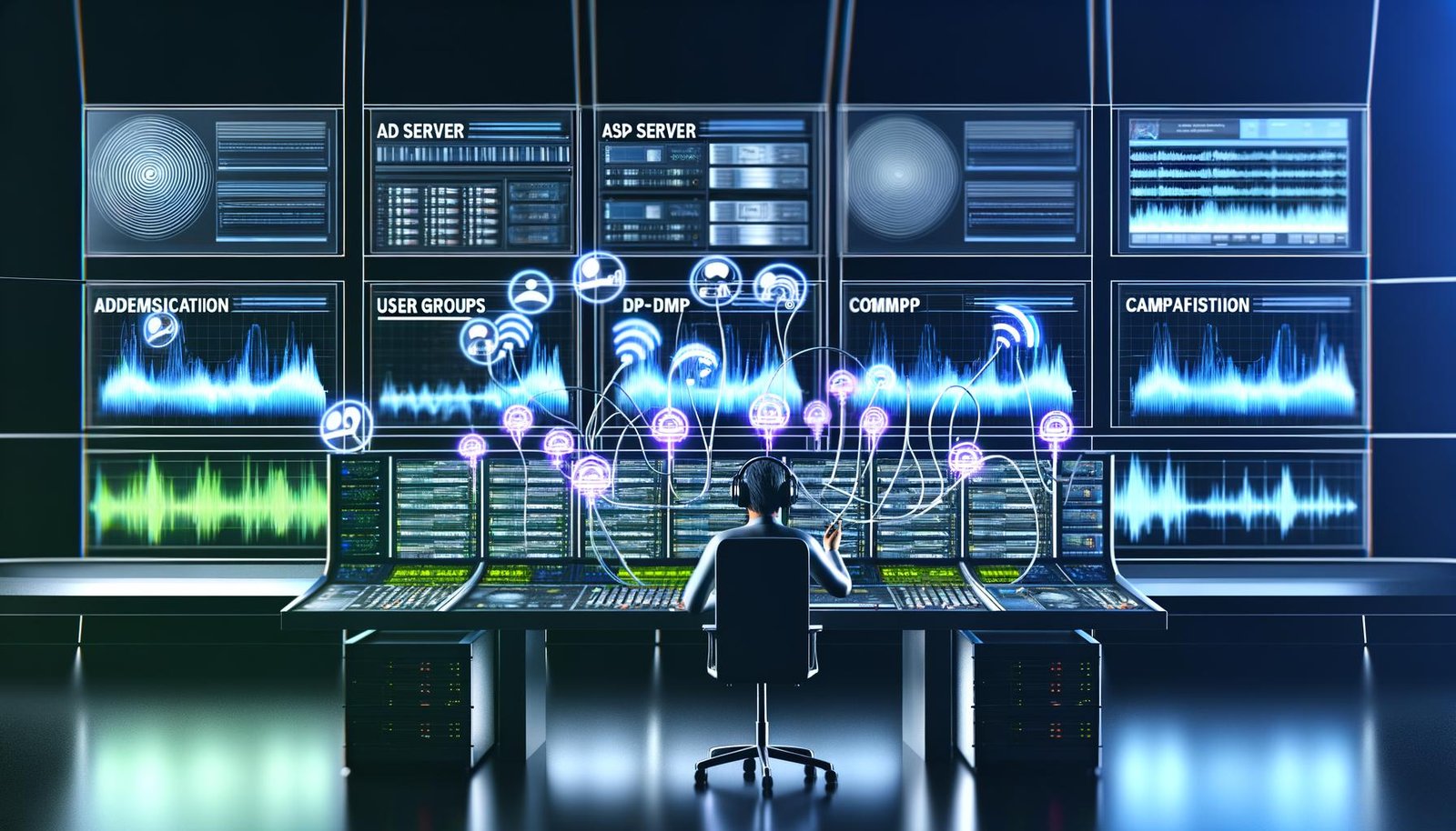 Person mit Headset in digitalem Kontrollraum, überwacht Audio-Wellenformen, Werbekampagnen-Dashboards und holografische Ad-Tech-Icons vor Amazon Music-Logo.