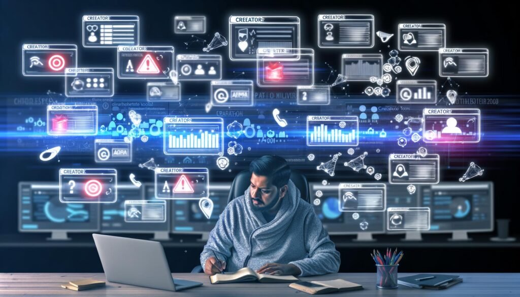 Digitaler Marketingprofi an Schreibtisch im Hightech-Office, umgeben von holografischen Benutzeroberflächen, Social Media-Icons, Diagrammen, Monitoren und Datenströmen mit Warn- und Statistiksymbolen.
