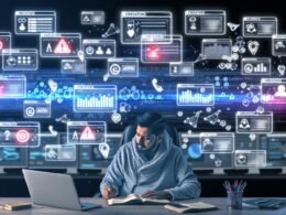 Digitaler Marketingprofi an Schreibtisch im Hightech-Office, umgeben von holografischen Benutzeroberflächen, Social Media-Icons, Diagrammen, Monitoren und Datenströmen mit Warn- und Statistiksymbolen.